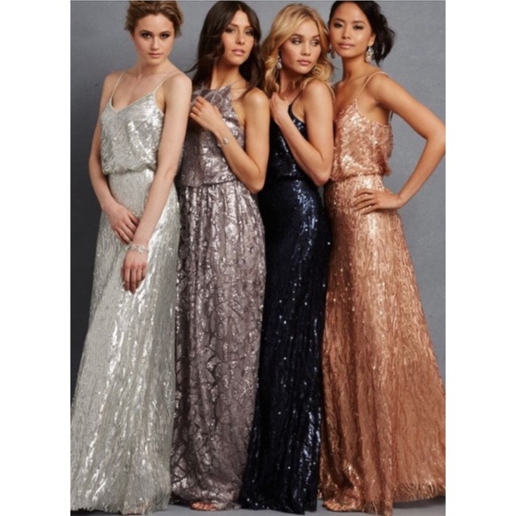 SALE New Donna Morgan x BHLDN Alana 0, 4 & 10 Gold Sequin Maxi Gown - Picture 4 of 11
